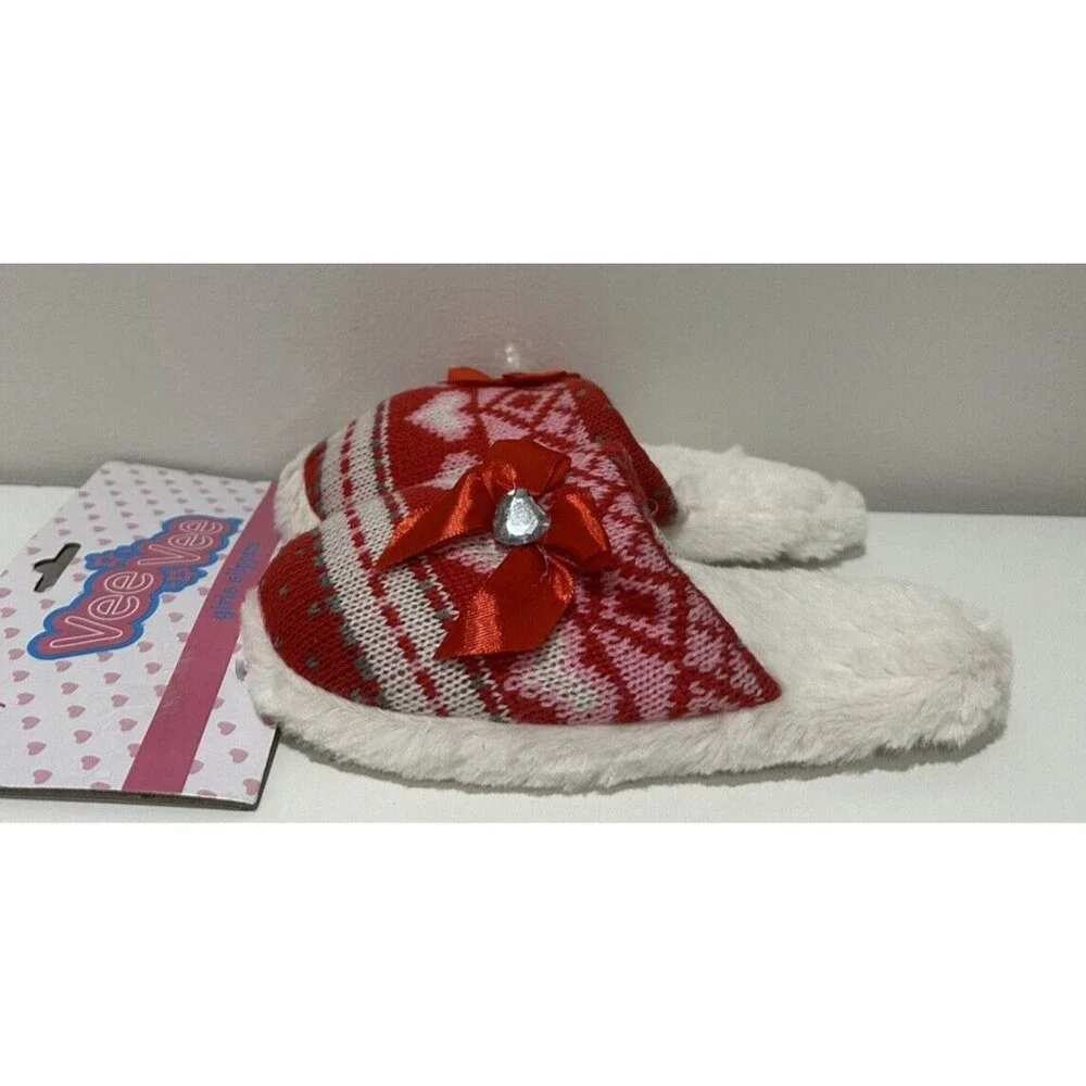 Vee Vee girl size M 12/13 slip on red slippers geometric heart print and bow